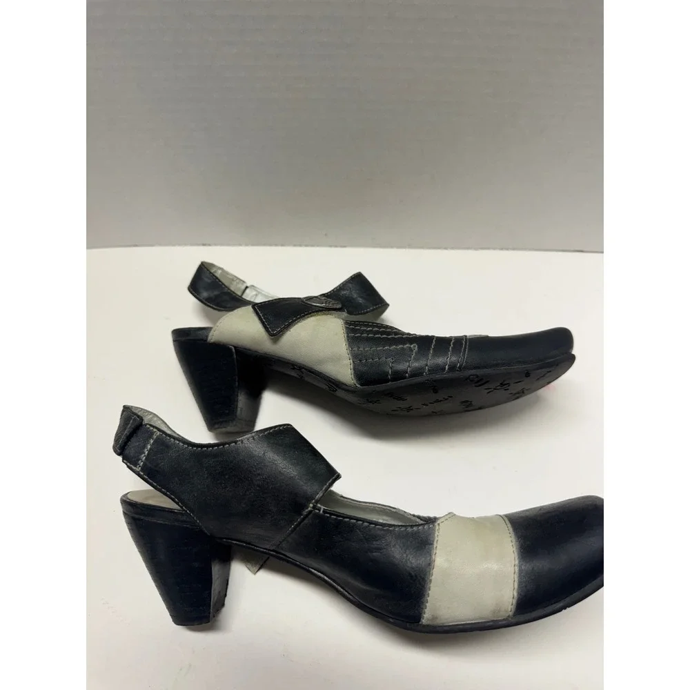 Fidji Black‎ Cream Leather Colorblock Slingback Mary Jane Heels Size 38 7.5